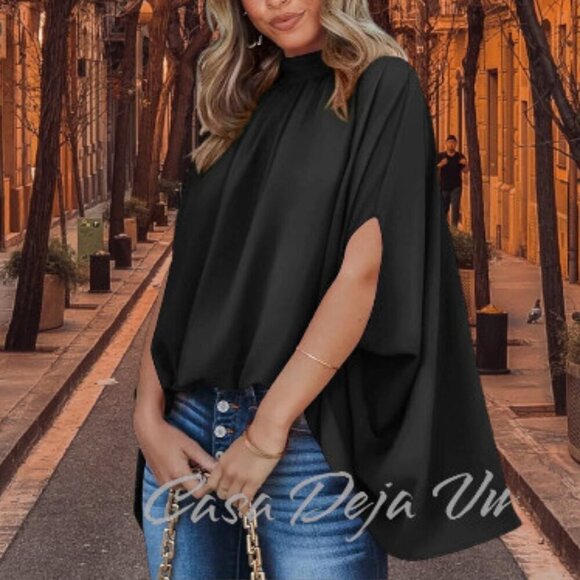 Satin Silky Mock Neck Batwing Dolman Sleeve Pleated Oversize Drapery Blouse - Picture 3 of 10